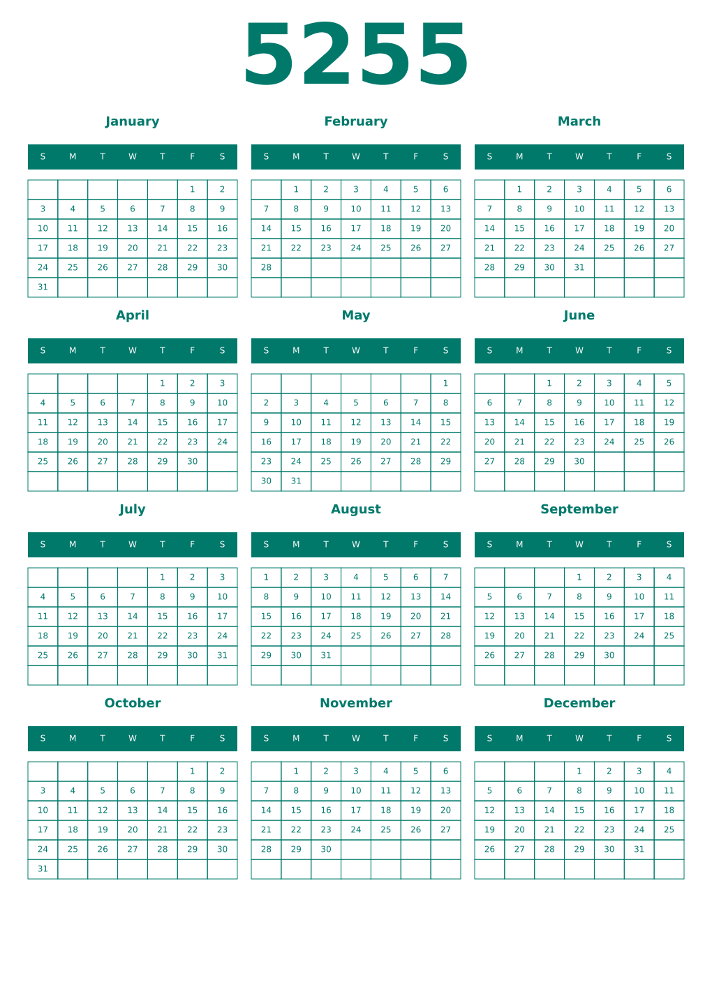 Printable 5255 Year Calendars pastel