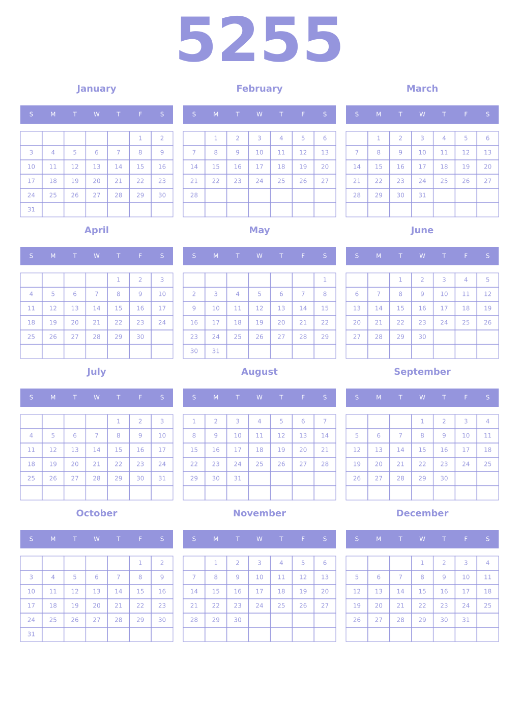 Printable 5255 Year Calendars periwinkle