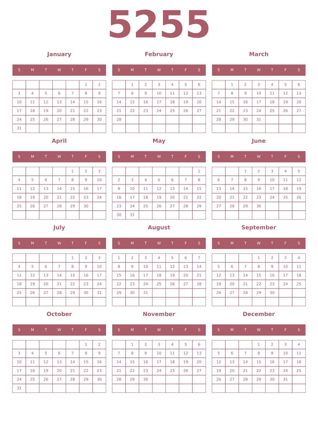 Printable 5255 Year Calendars puce