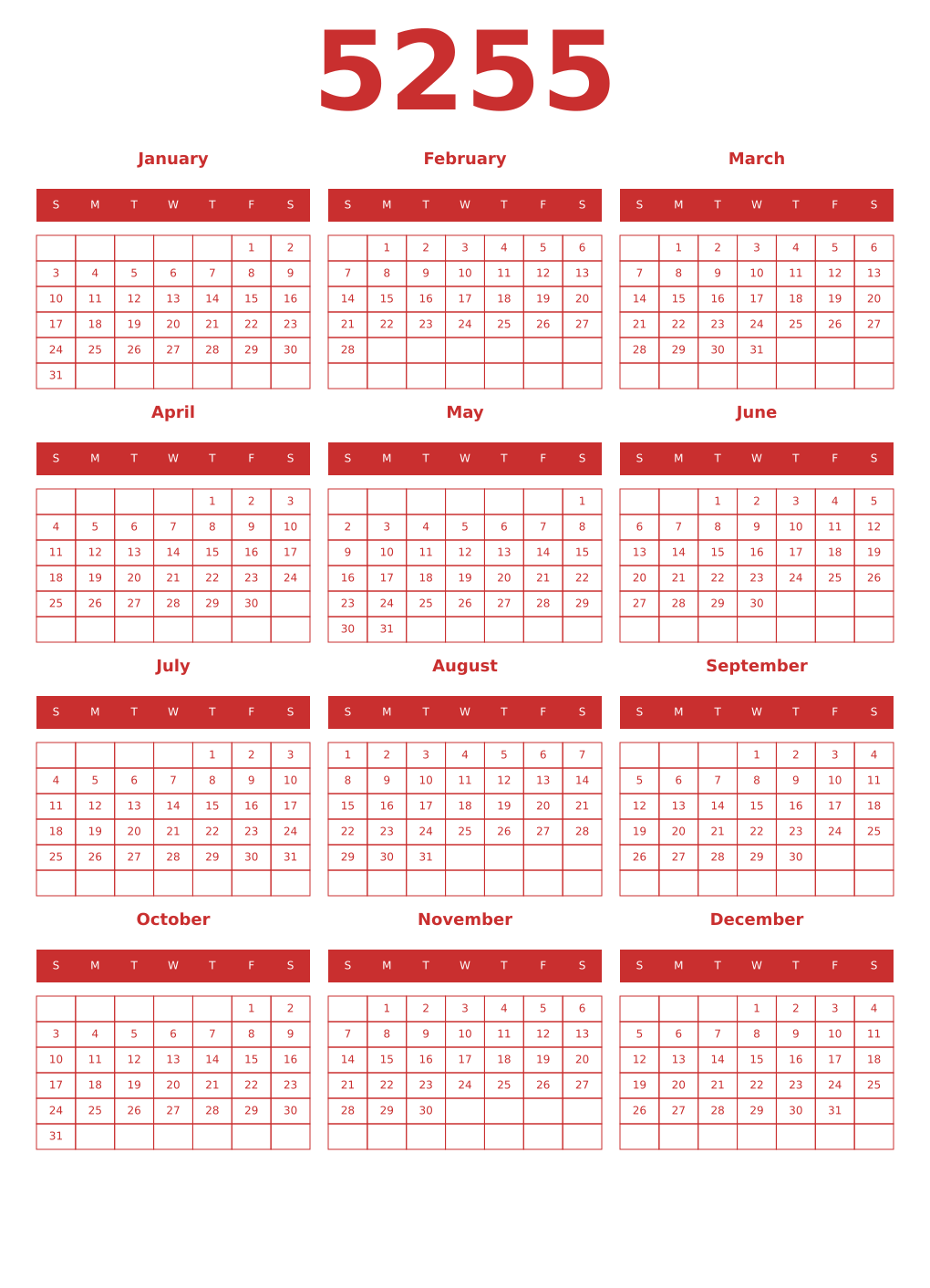 Printable 5255 Year Calendars red