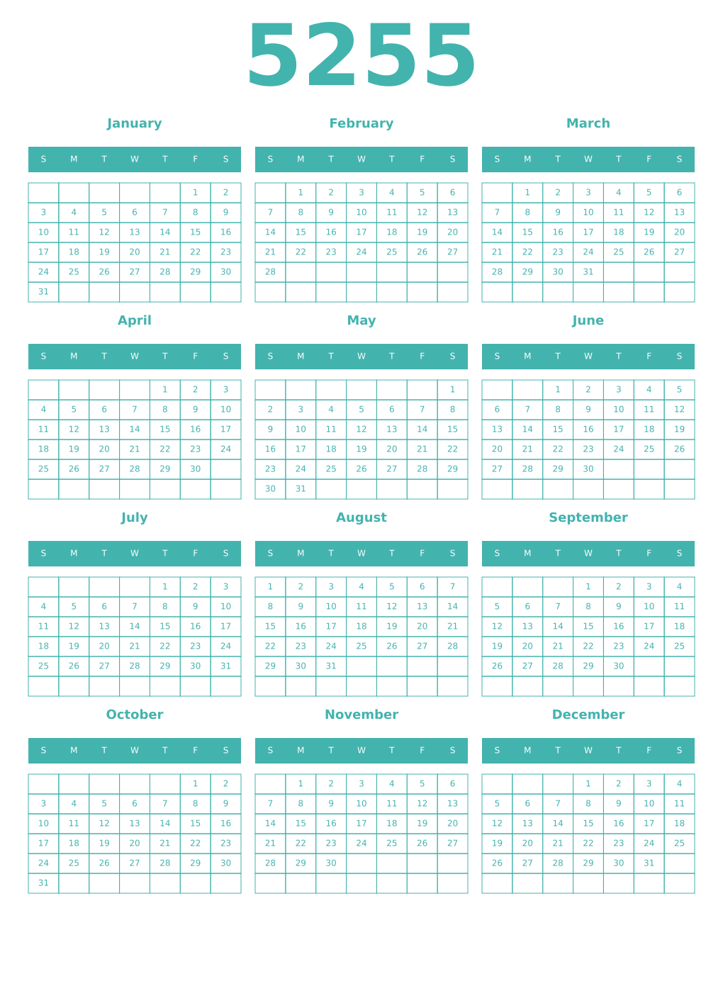 Printable 5255 Year Calendars verdigris