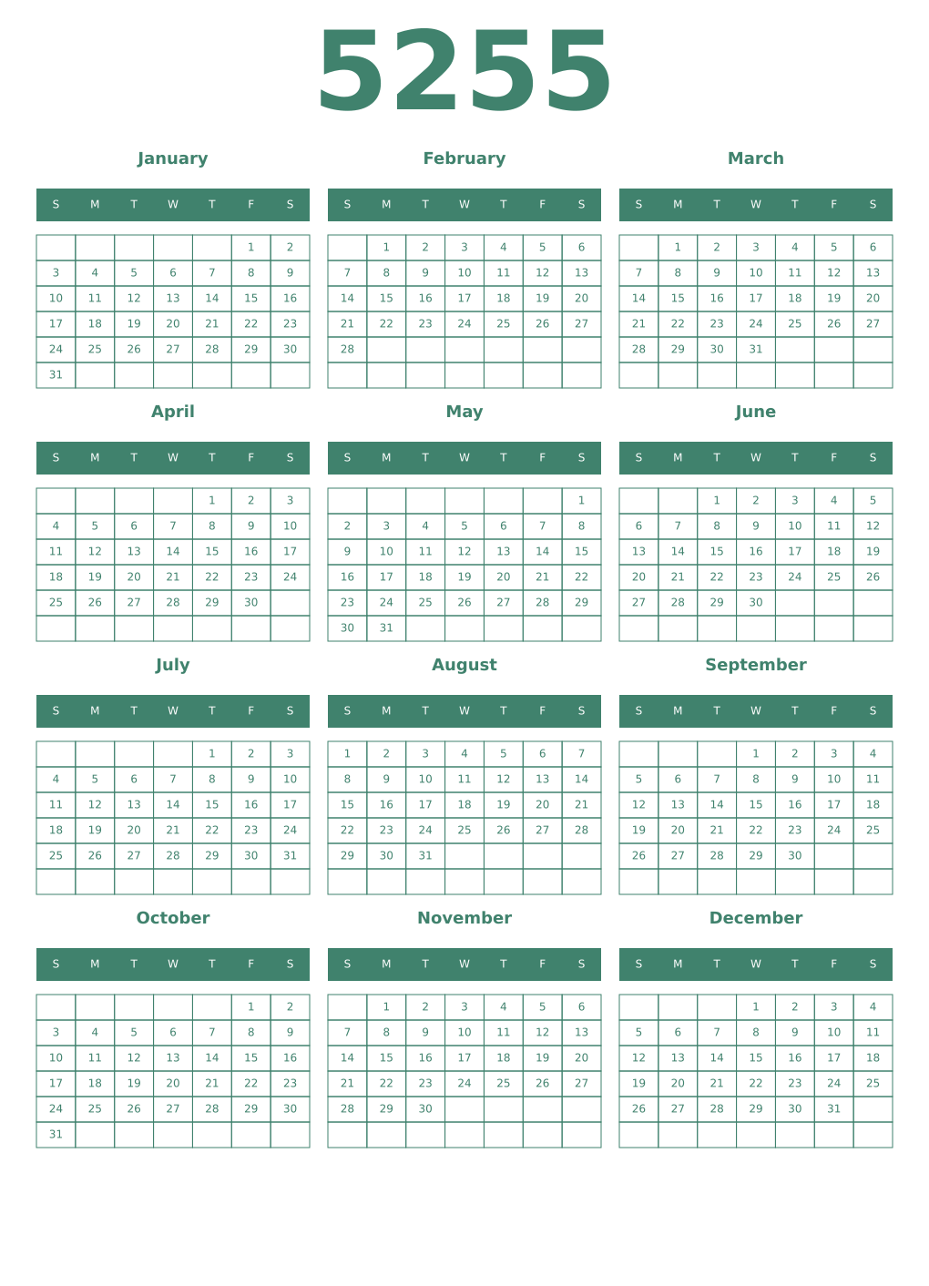 Printable 5255 Year Calendars viridian