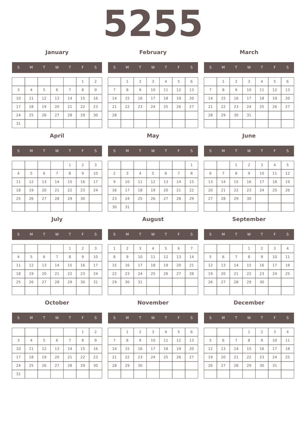 Printable 5255 Year Calendars wenge