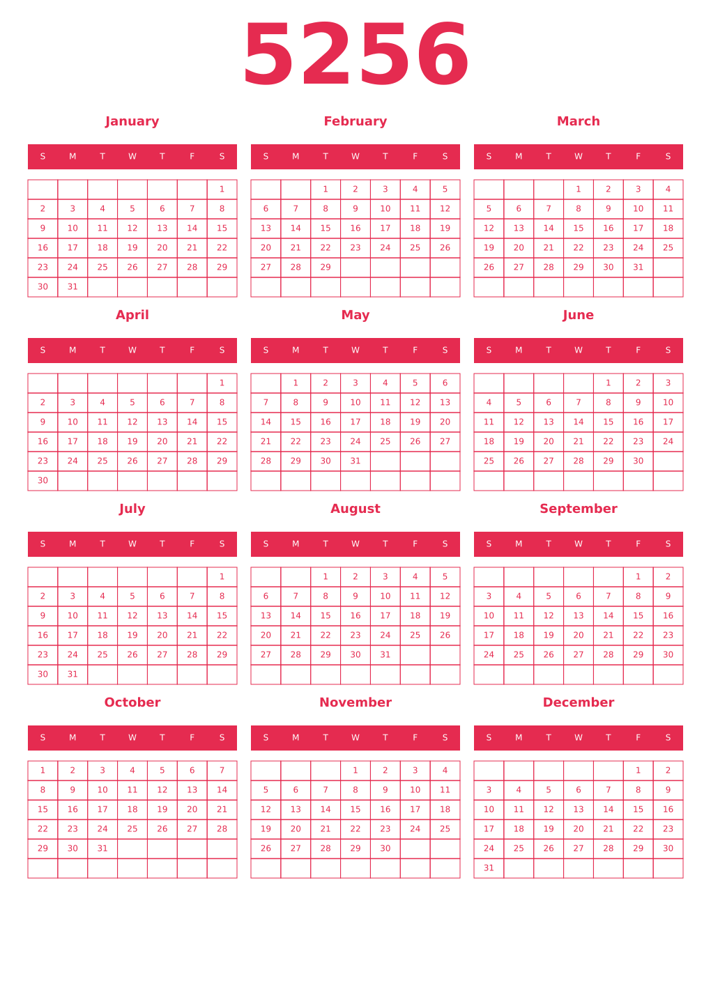 Printable 5256 Year Calendars amaranth