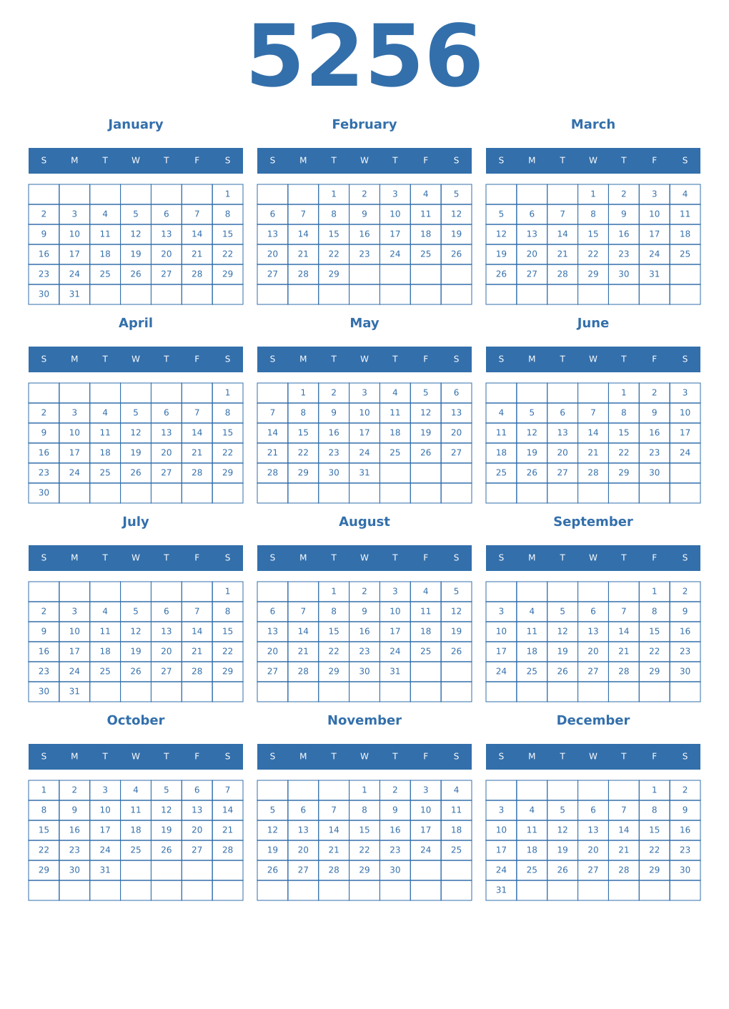 Printable 5256 Year Calendars blue