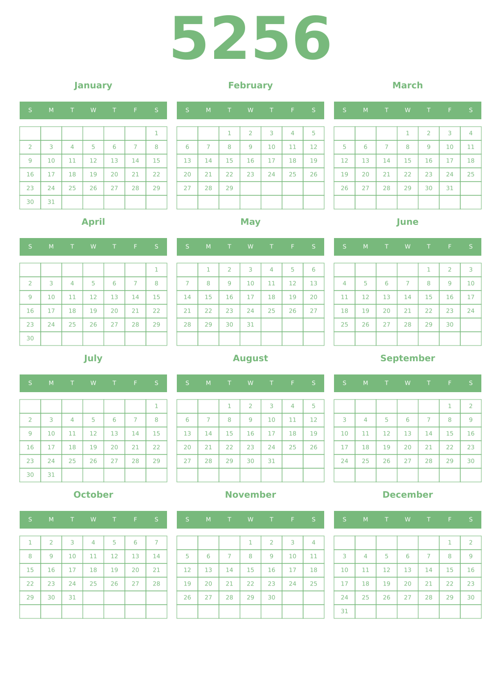 Printable 5256 Year Calendars celadon