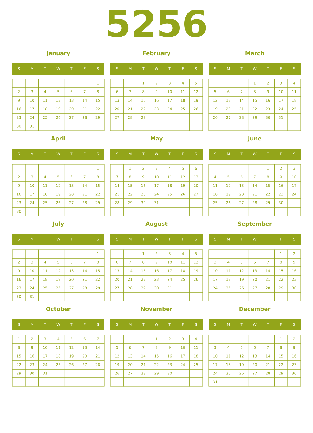 Printable 5256 Year Calendars chartreuse