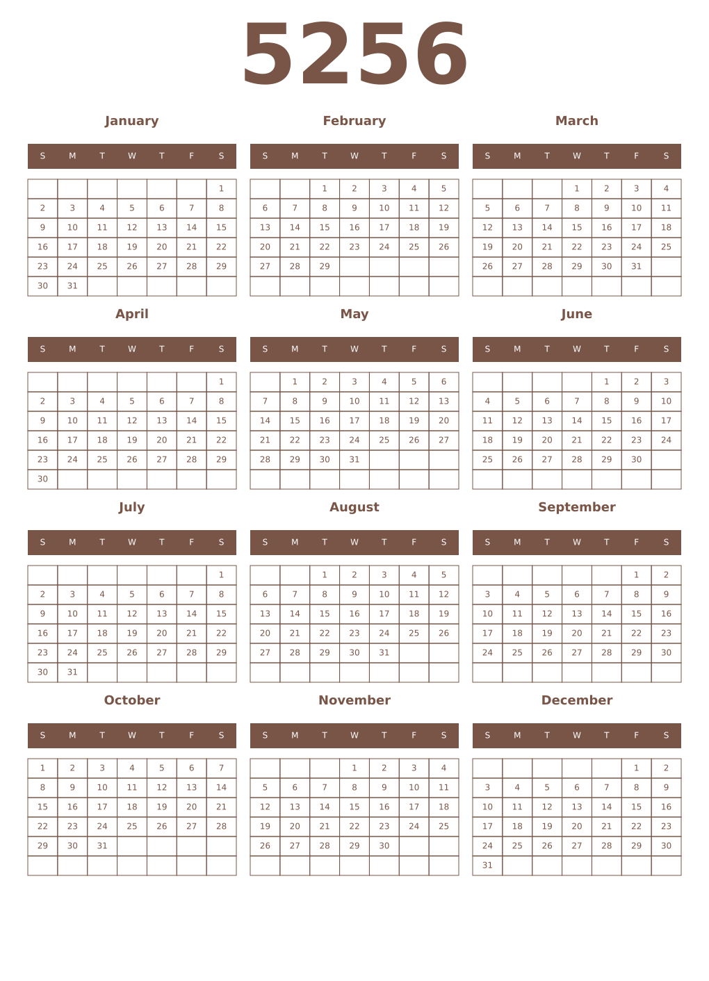 Printable 5256 Year Calendars coffe