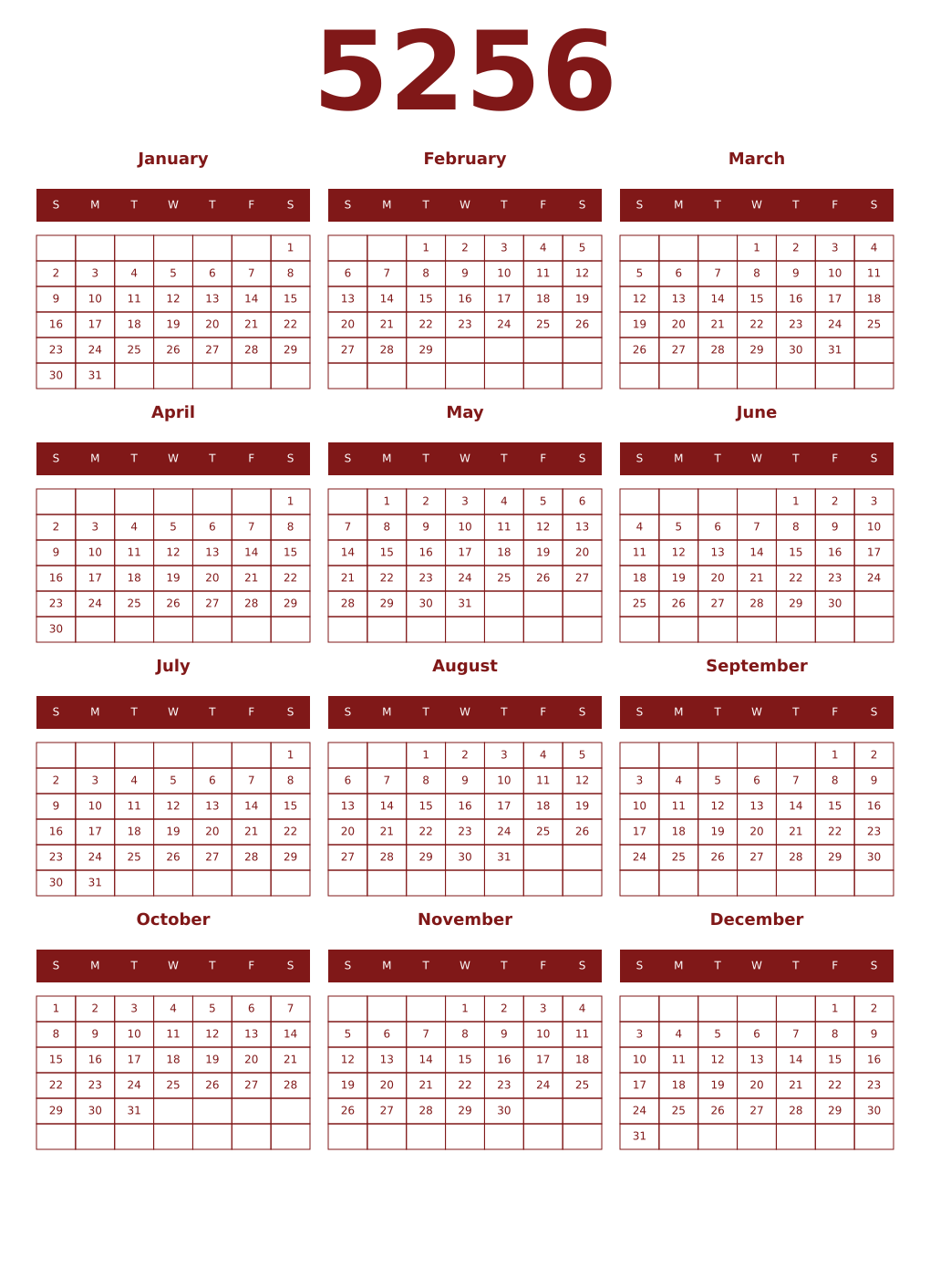 Printable 5256 Year Calendars falu