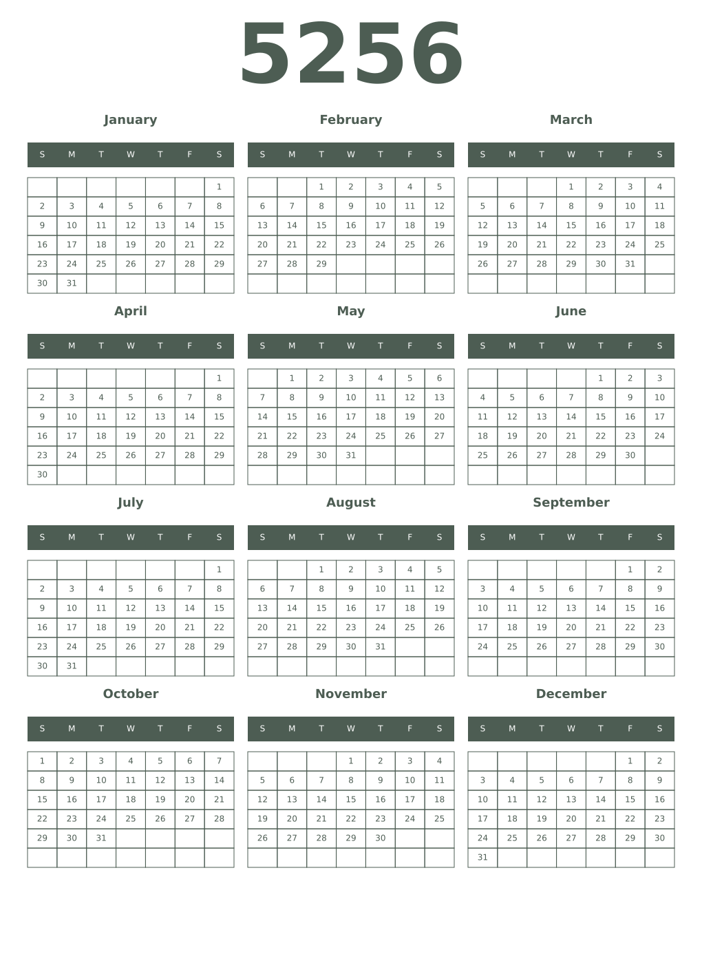 Printable 5256 Year Calendars feldgrau