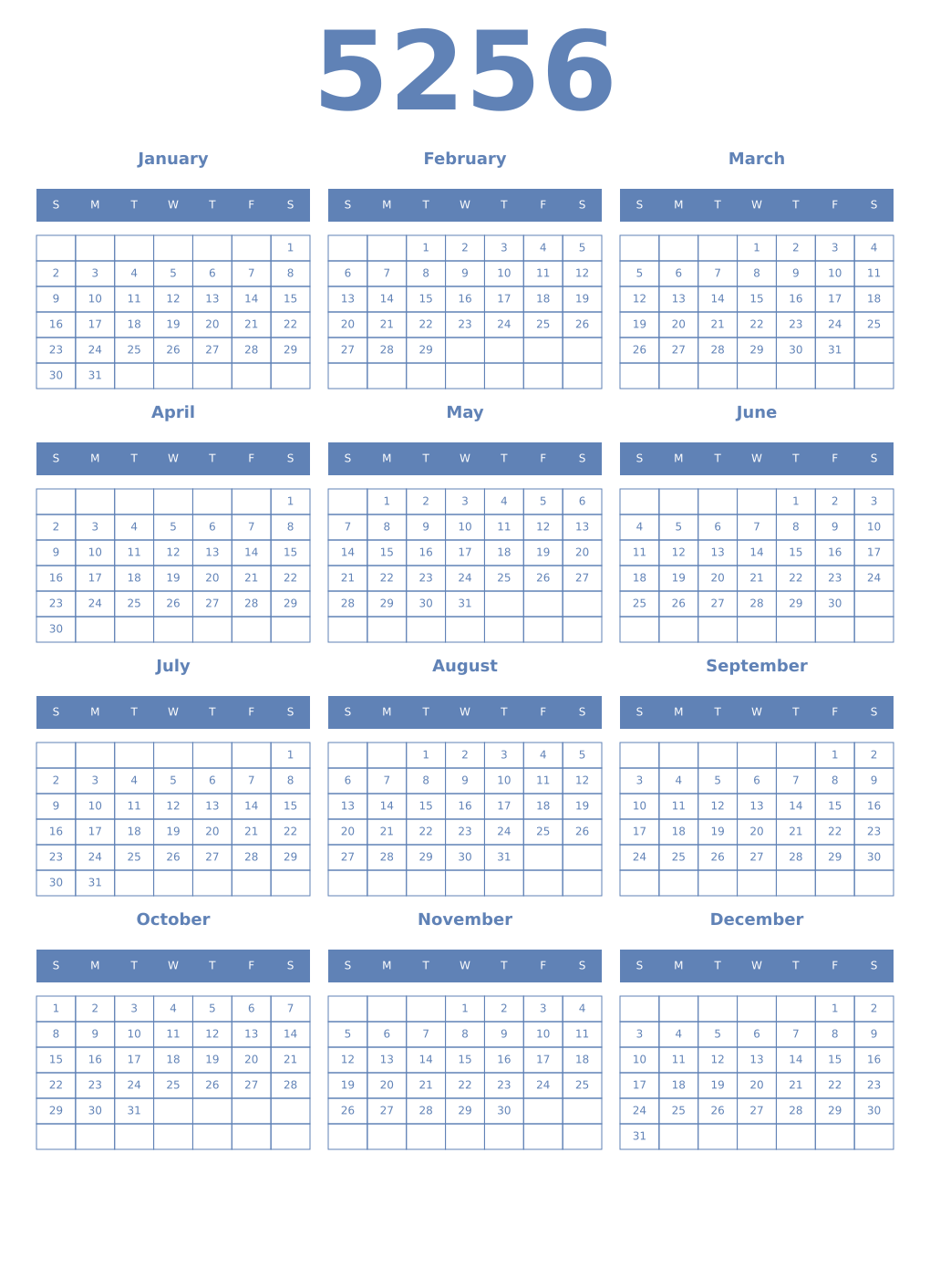 Printable 5256 Year Calendars glaucous