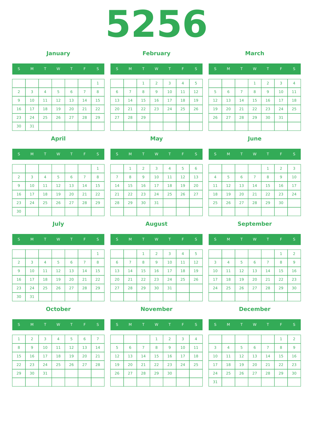 Printable 5256 Year Calendars green