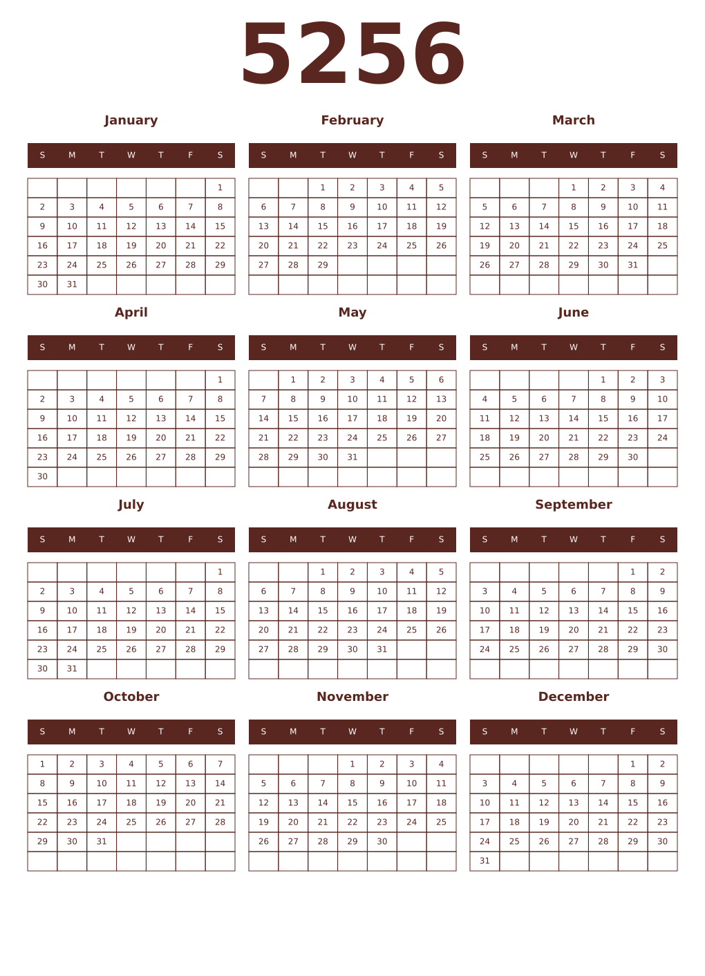 Printable 5256 Year Calendars mortuum