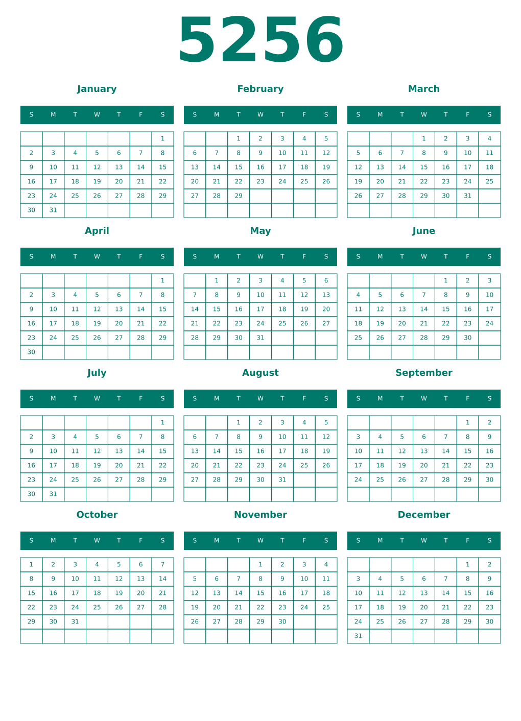 Printable 5256 Year Calendars pastel