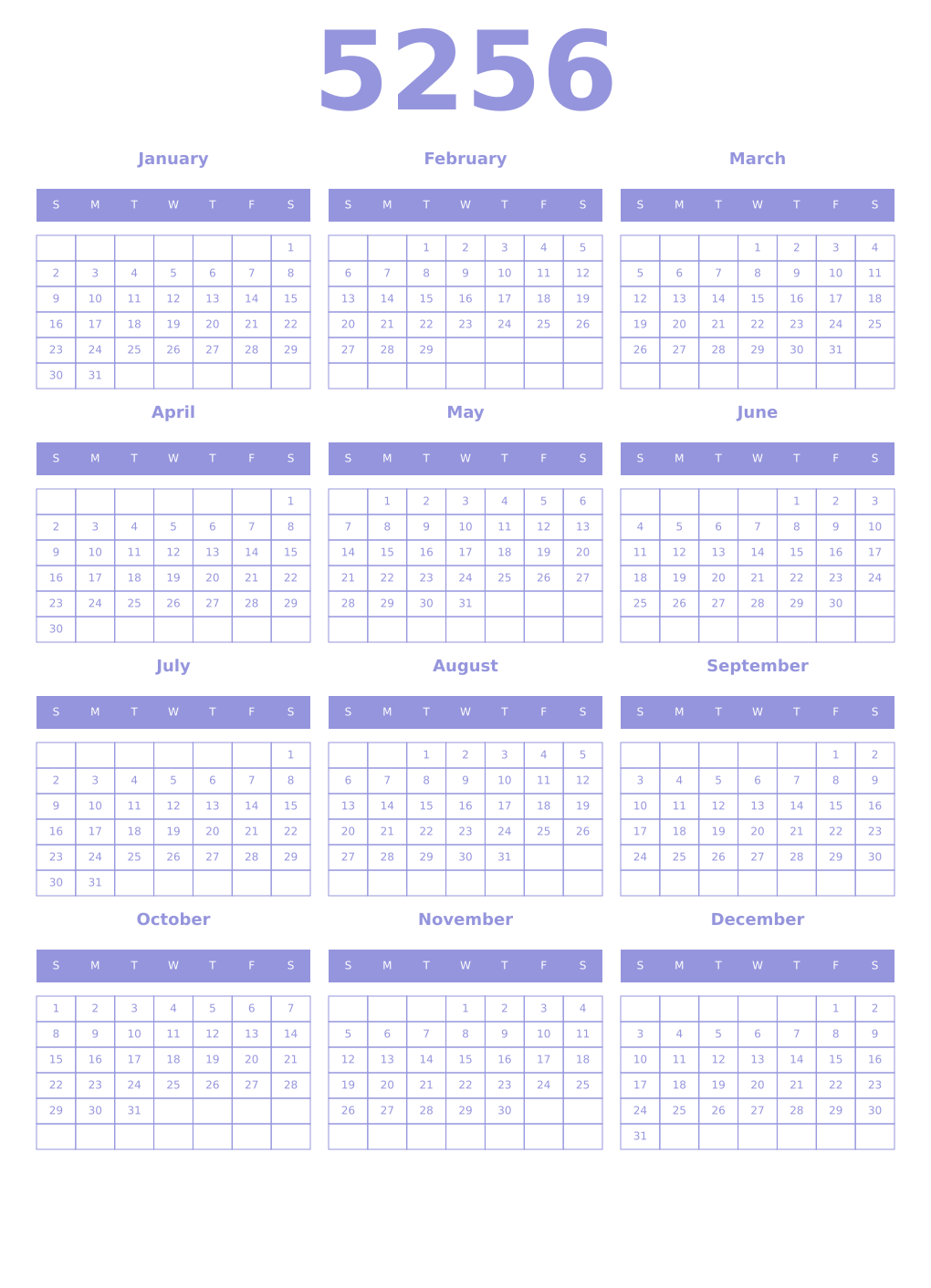 Printable 5256 Year Calendars periwinkle