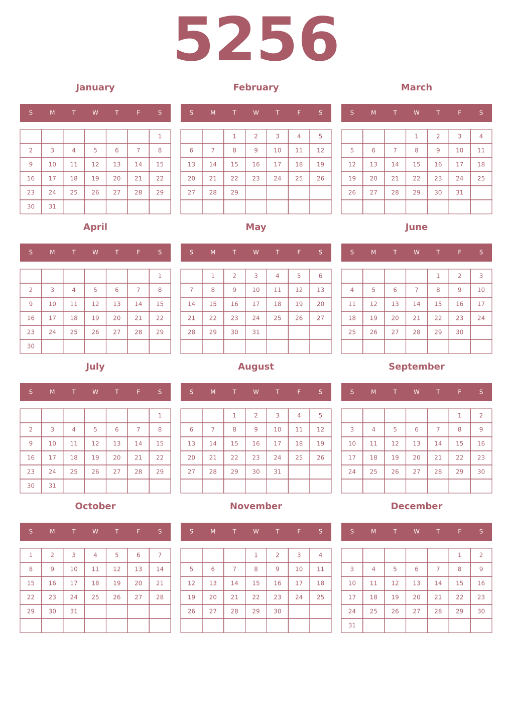 Printable 5256 Year Calendars puce