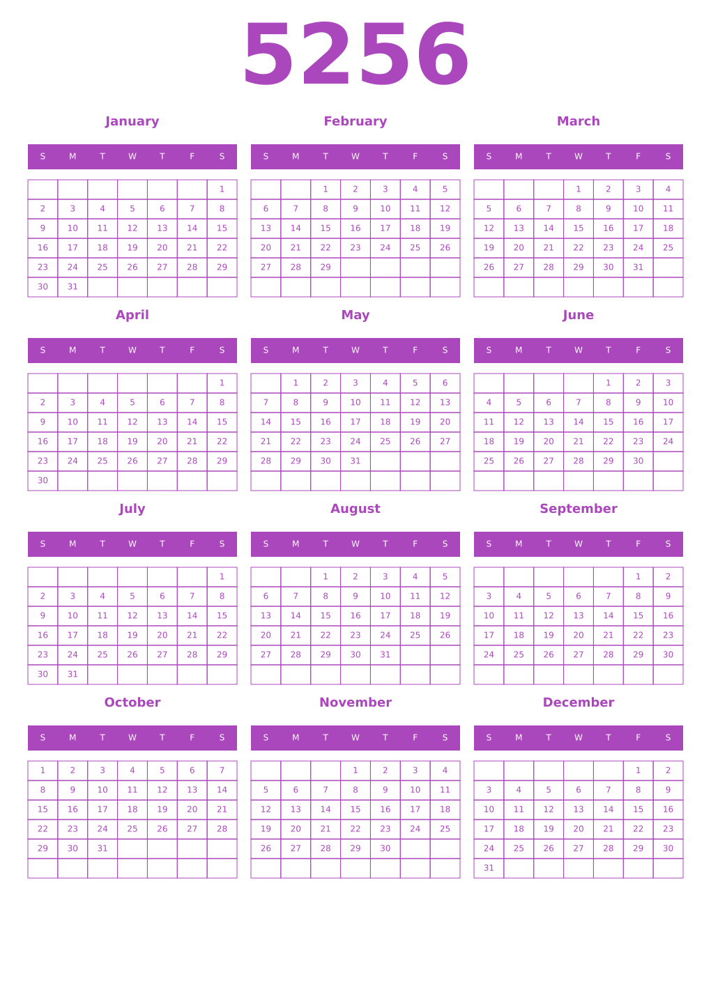 Printable 5256 Year Calendars purple