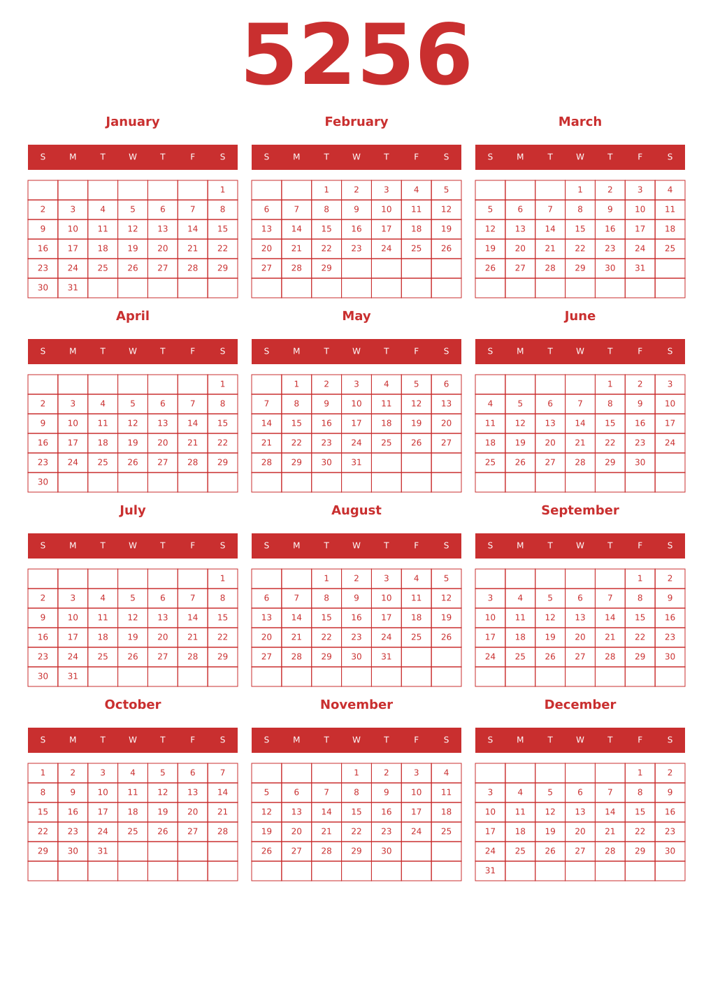 Printable 5256 Year Calendars red