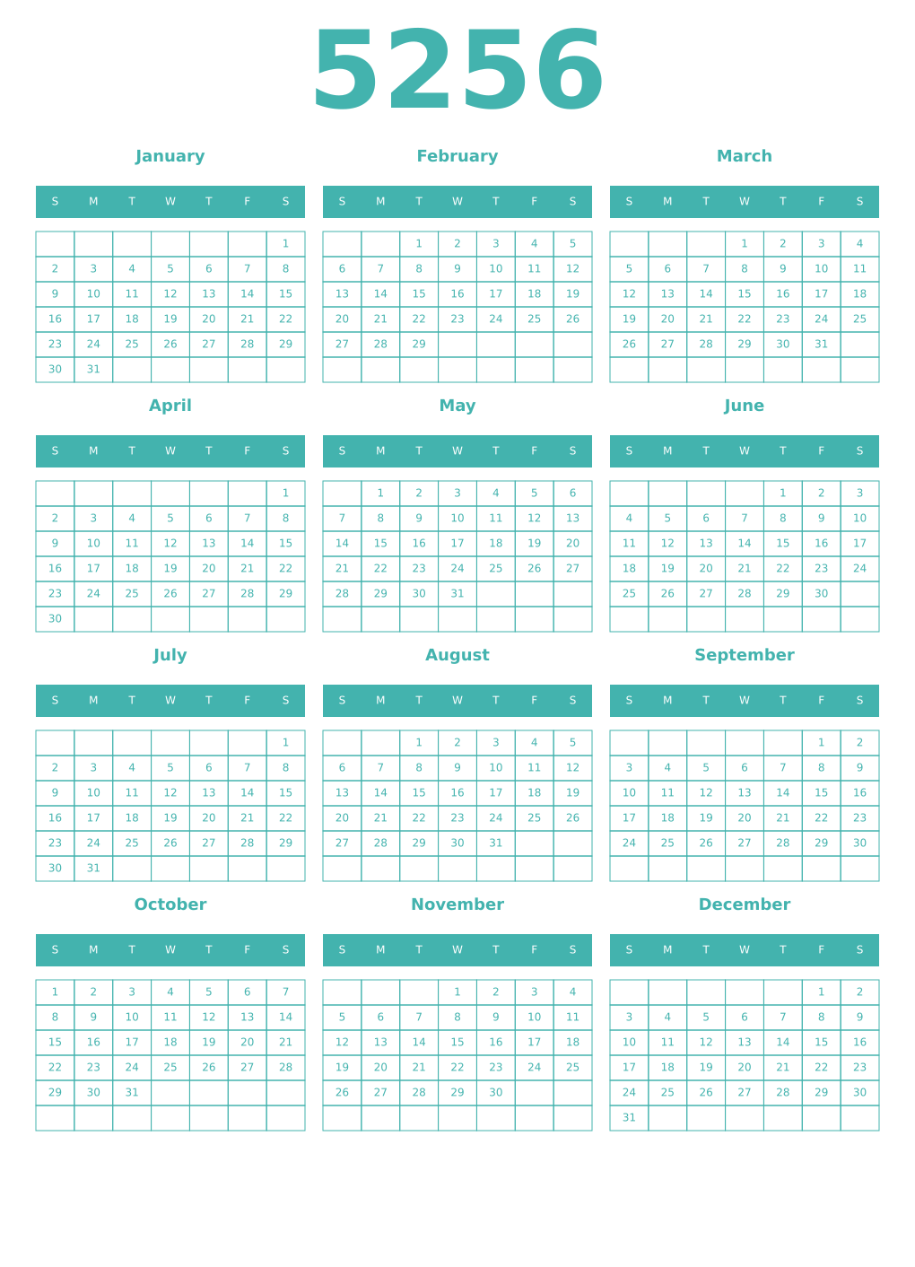 Printable 5256 Year Calendars verdigris