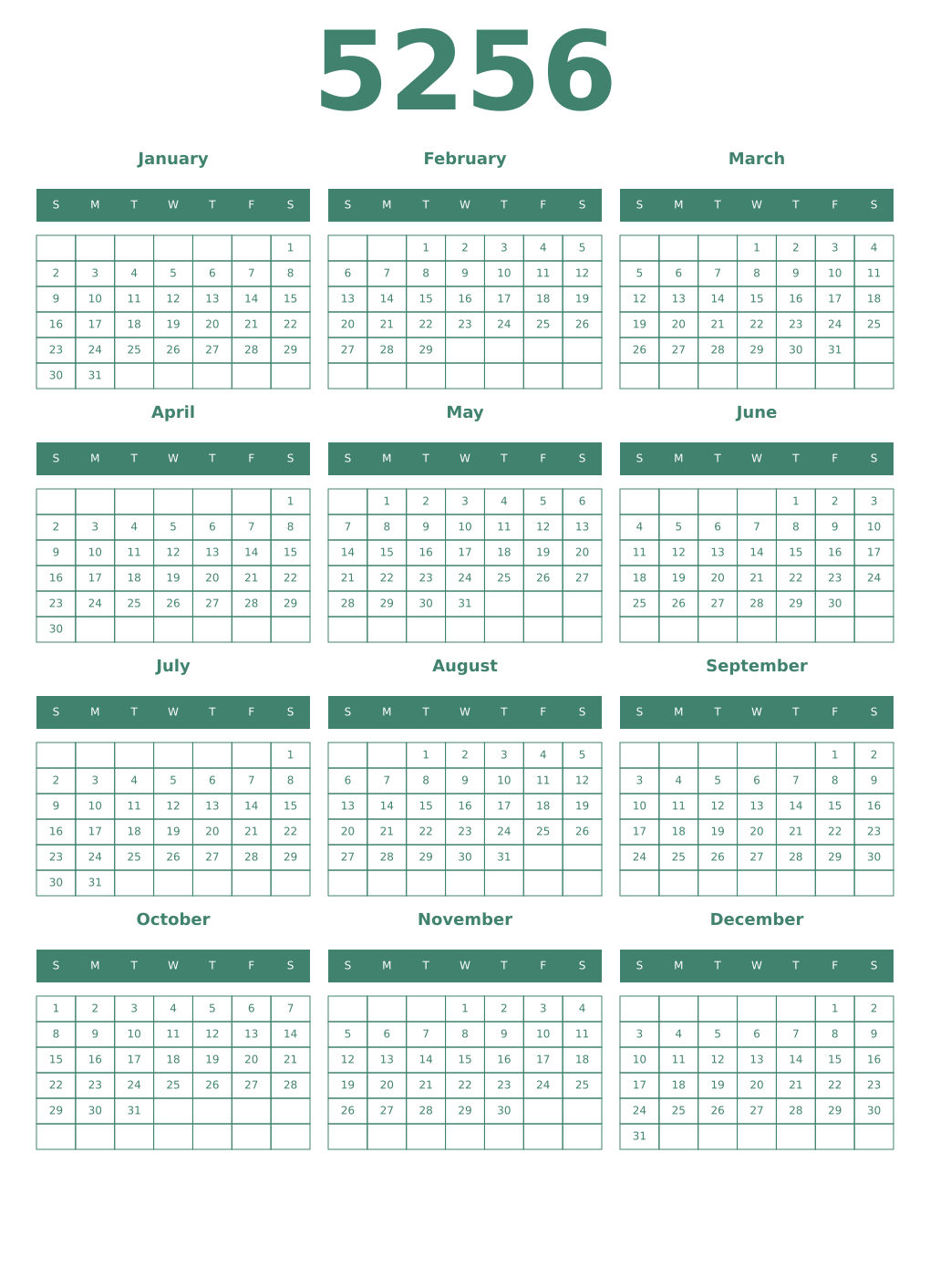 Printable 5256 Year Calendars viridian