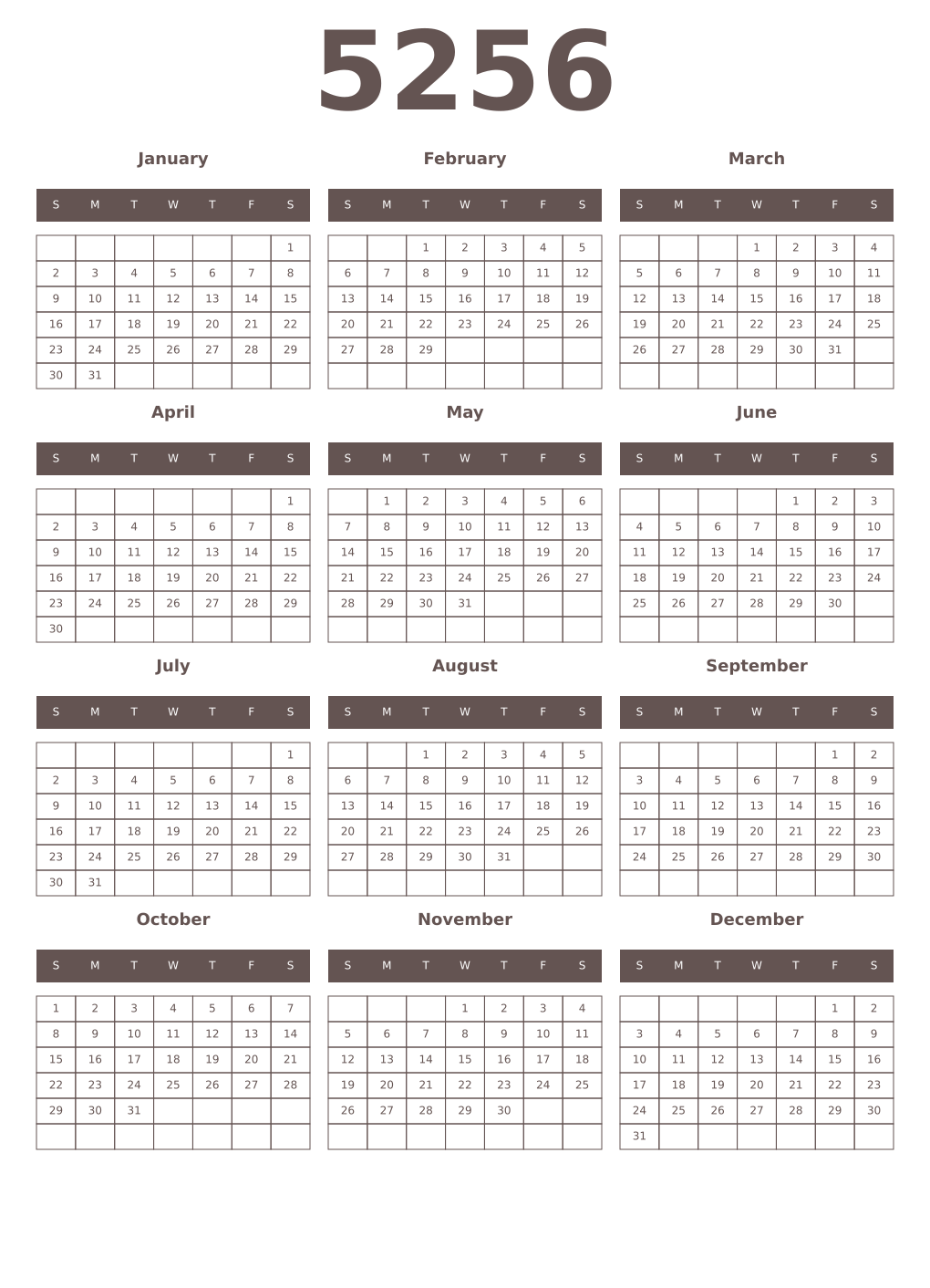 Printable 5256 Year Calendars wenge