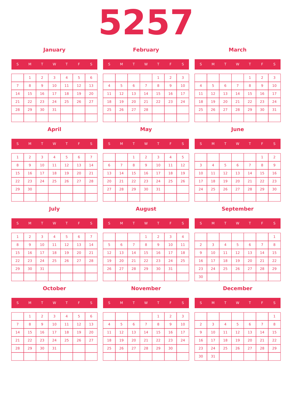 Printable 5257 Year Calendars amaranth