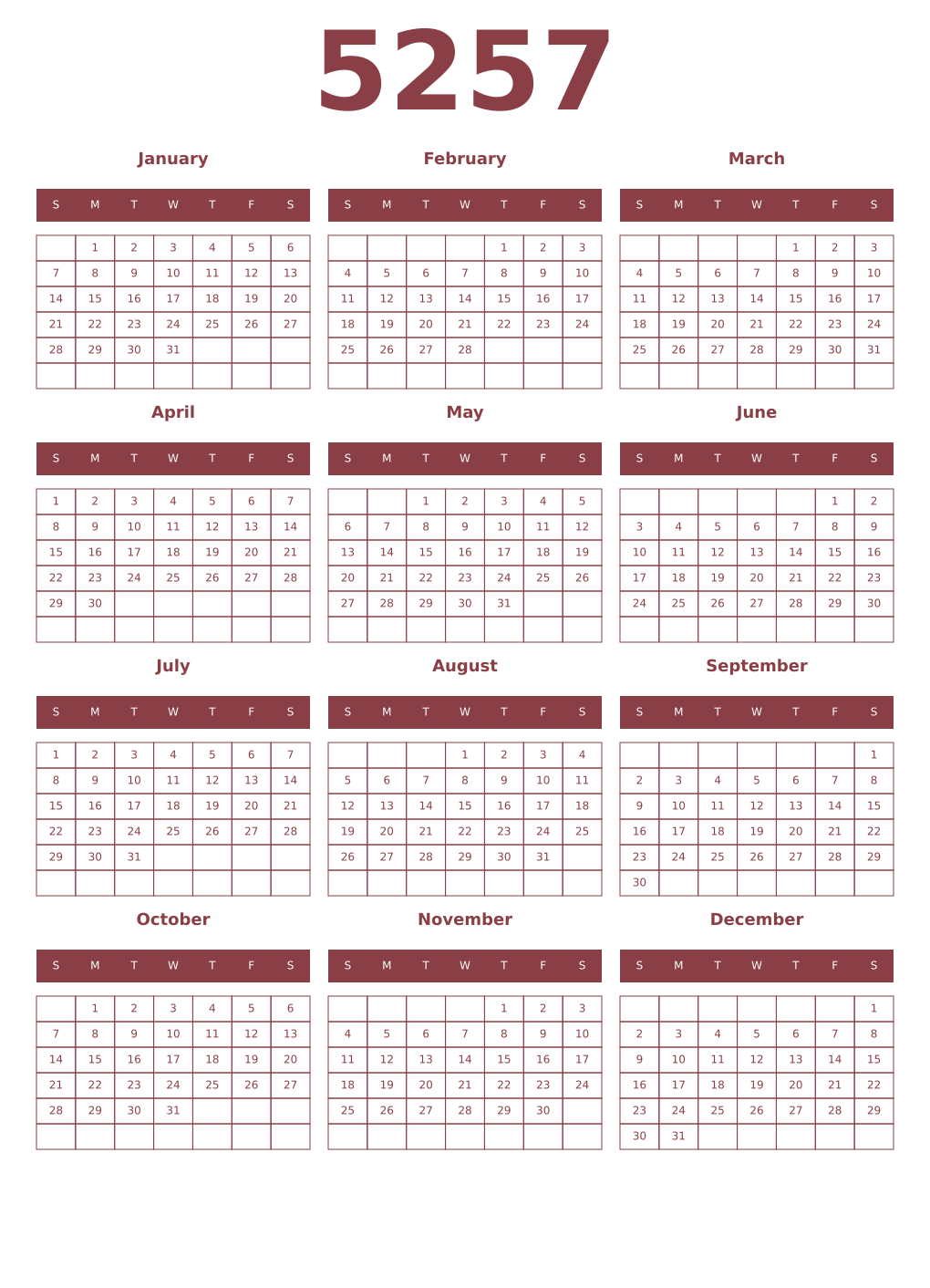 Printable 5257 Year Calendars cordovan