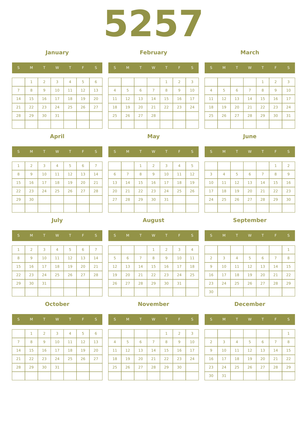 Printable 5257 Year Calendars eburnean