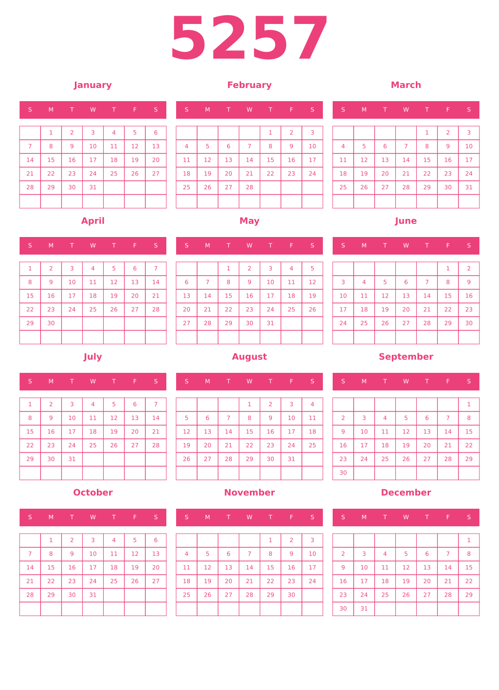 Printable 5257 Year Calendars pink