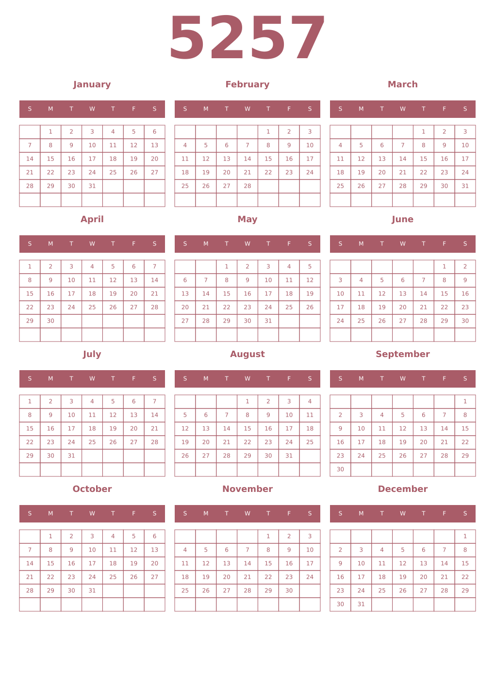Printable 5257 Year Calendars puce