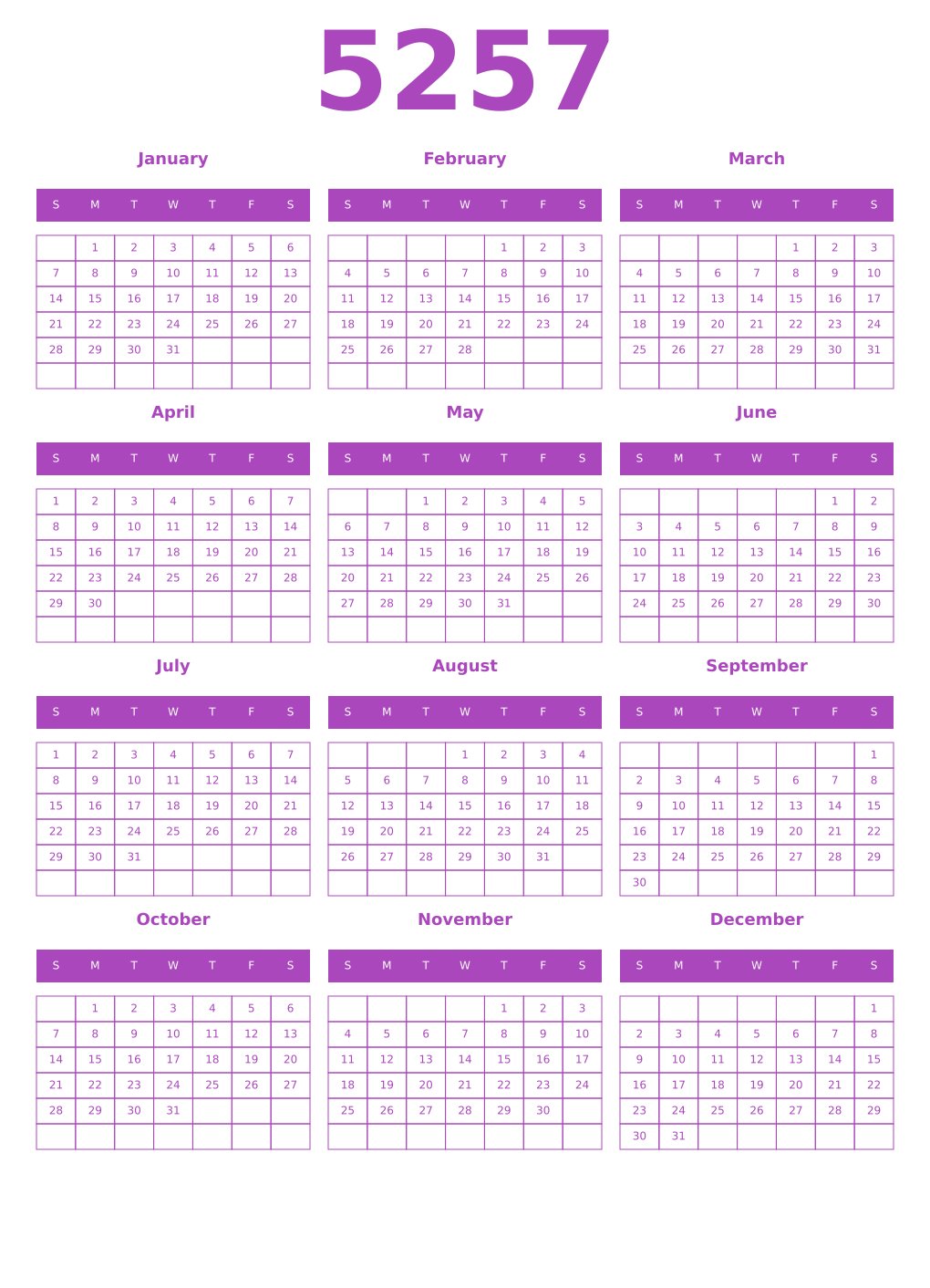 Printable 5257 Year Calendars purple
