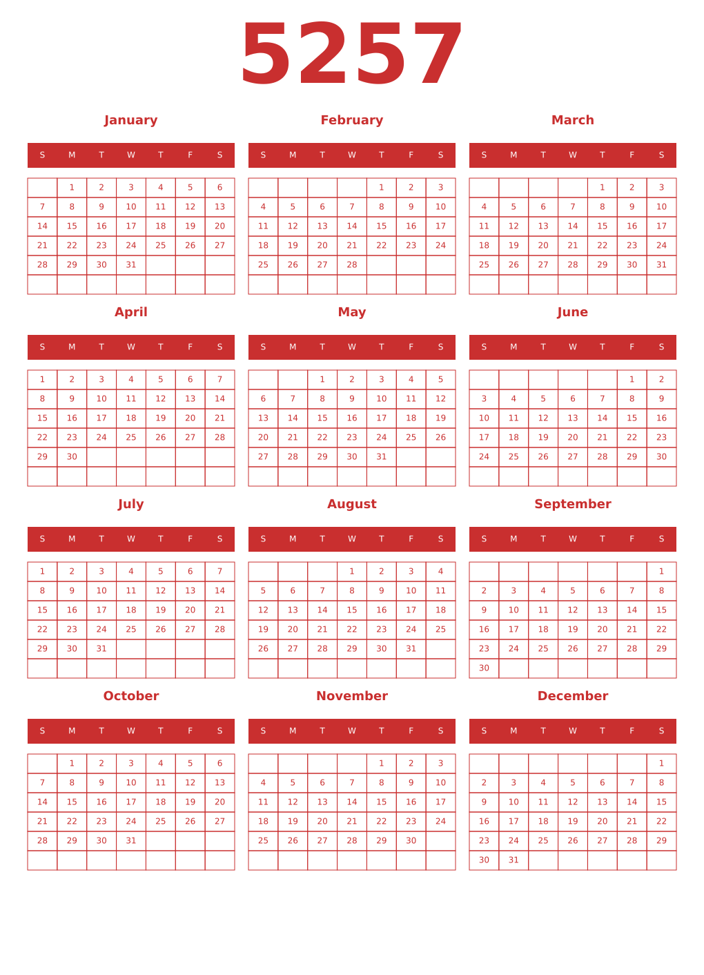 Printable 5257 Year Calendars red