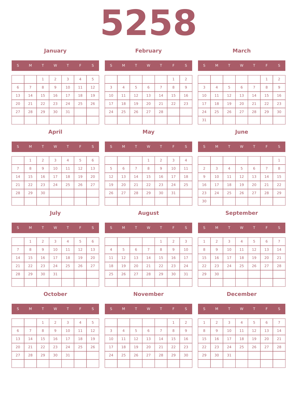 Printable 5258 Year Calendars puce