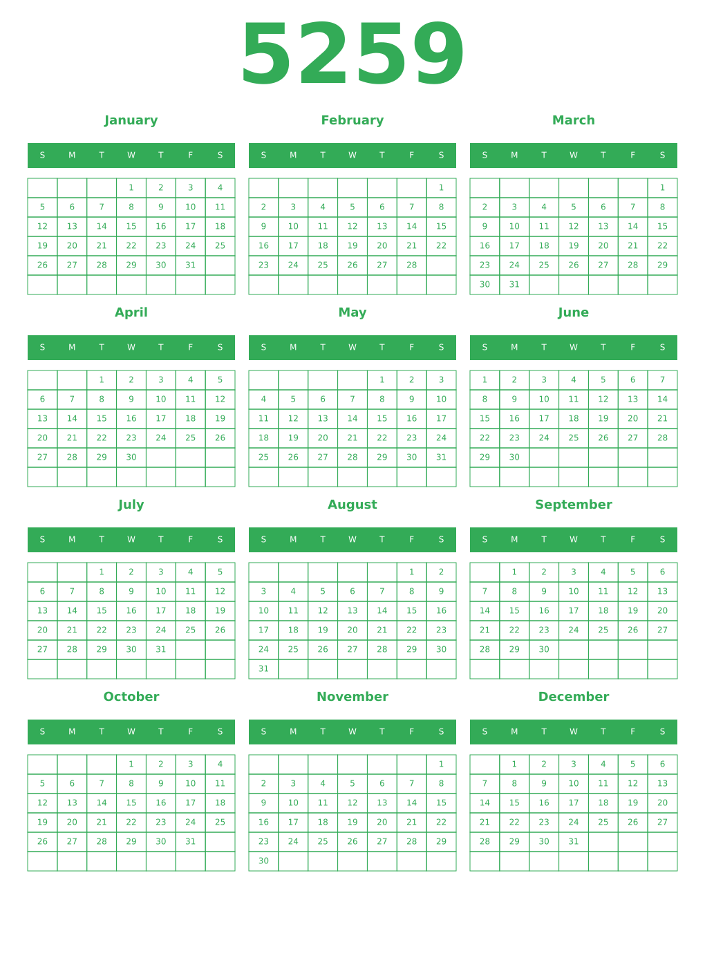Printable 5259 Year Calendars green