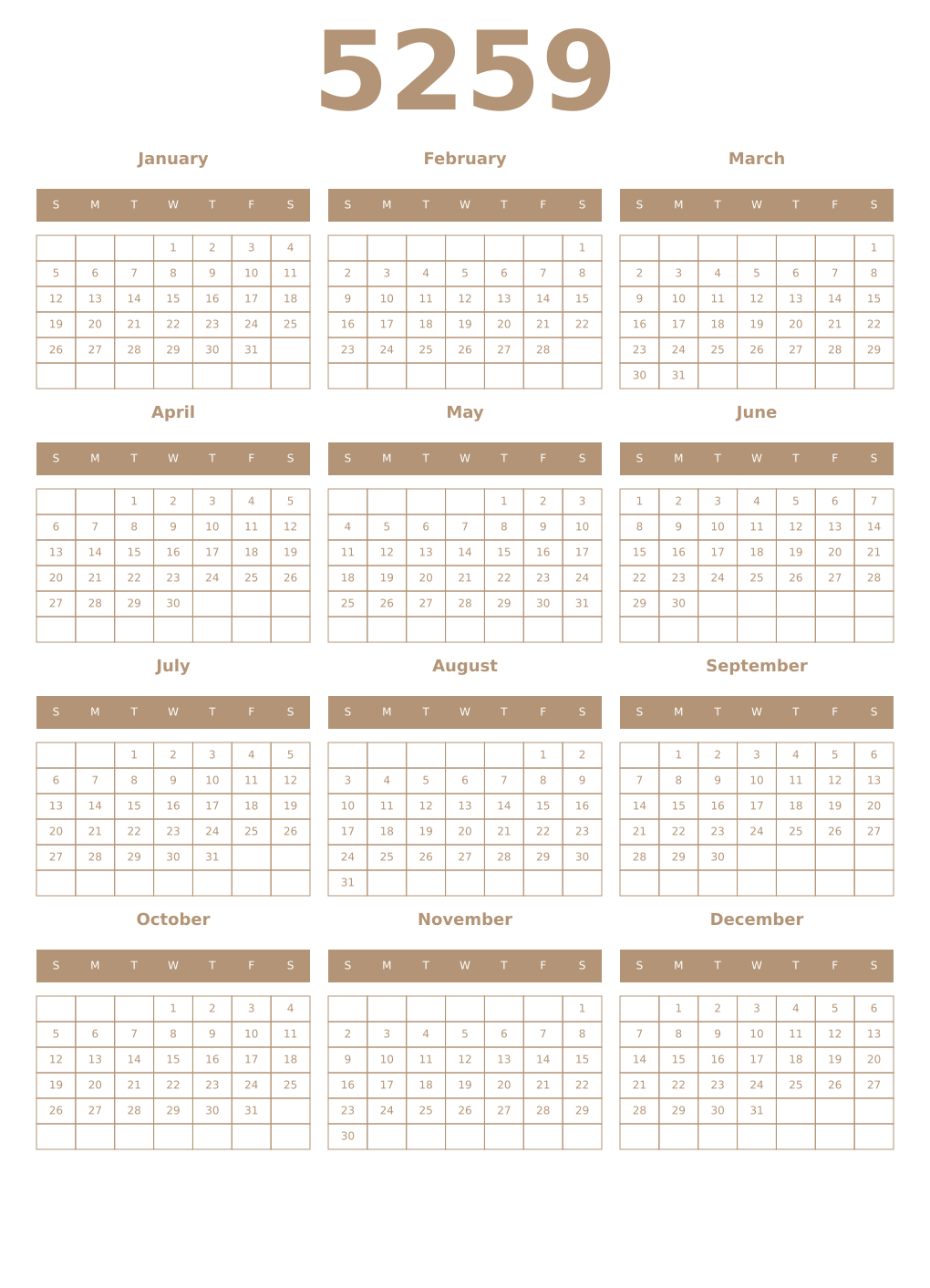 Printable 5259 Year Calendars isabelline