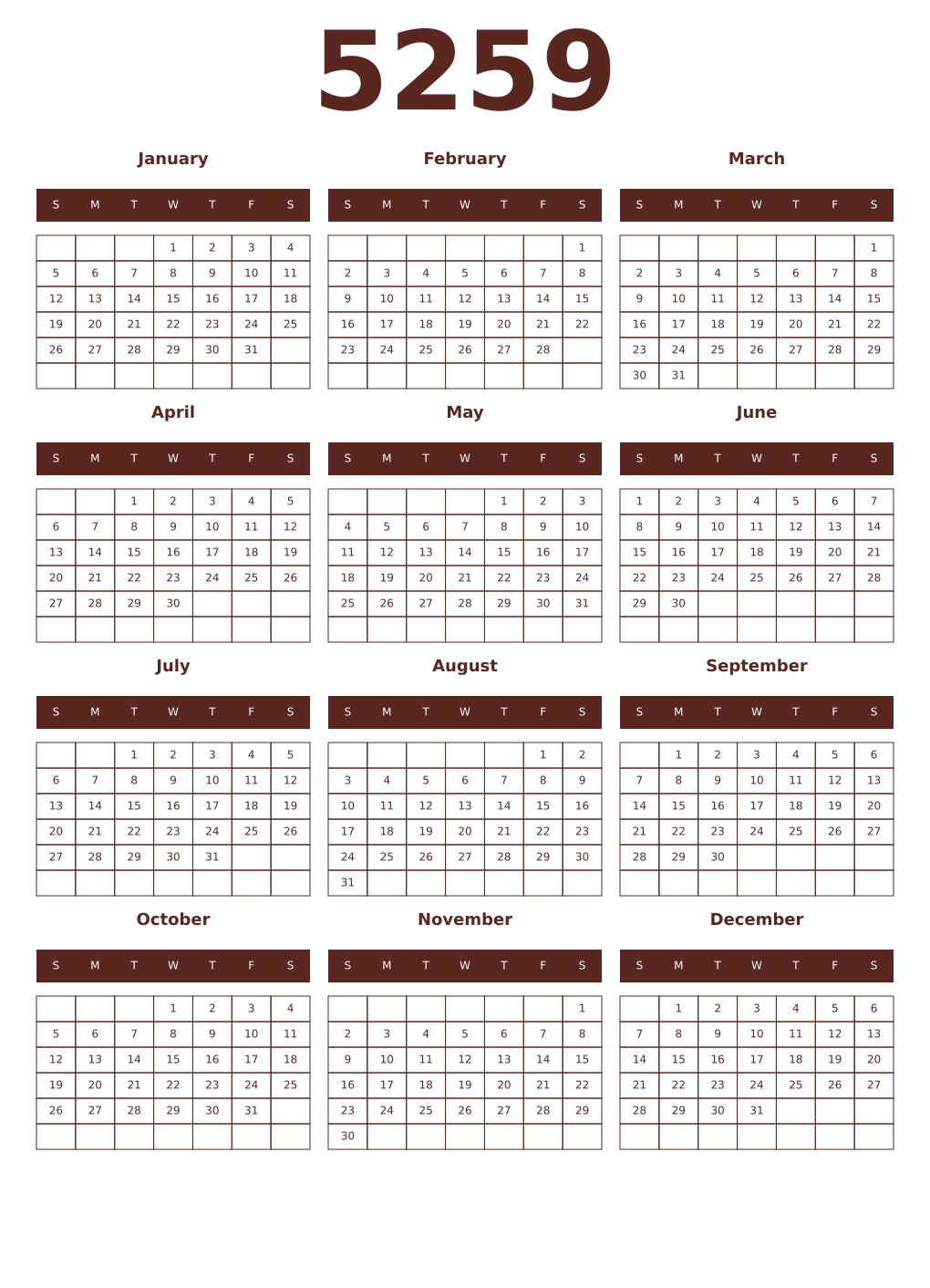 Printable 5259 Year Calendars mortuum