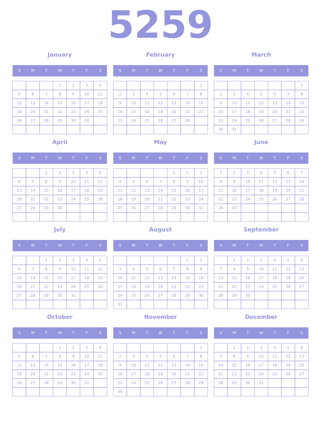 Printable 5259 Year Calendars periwinkle