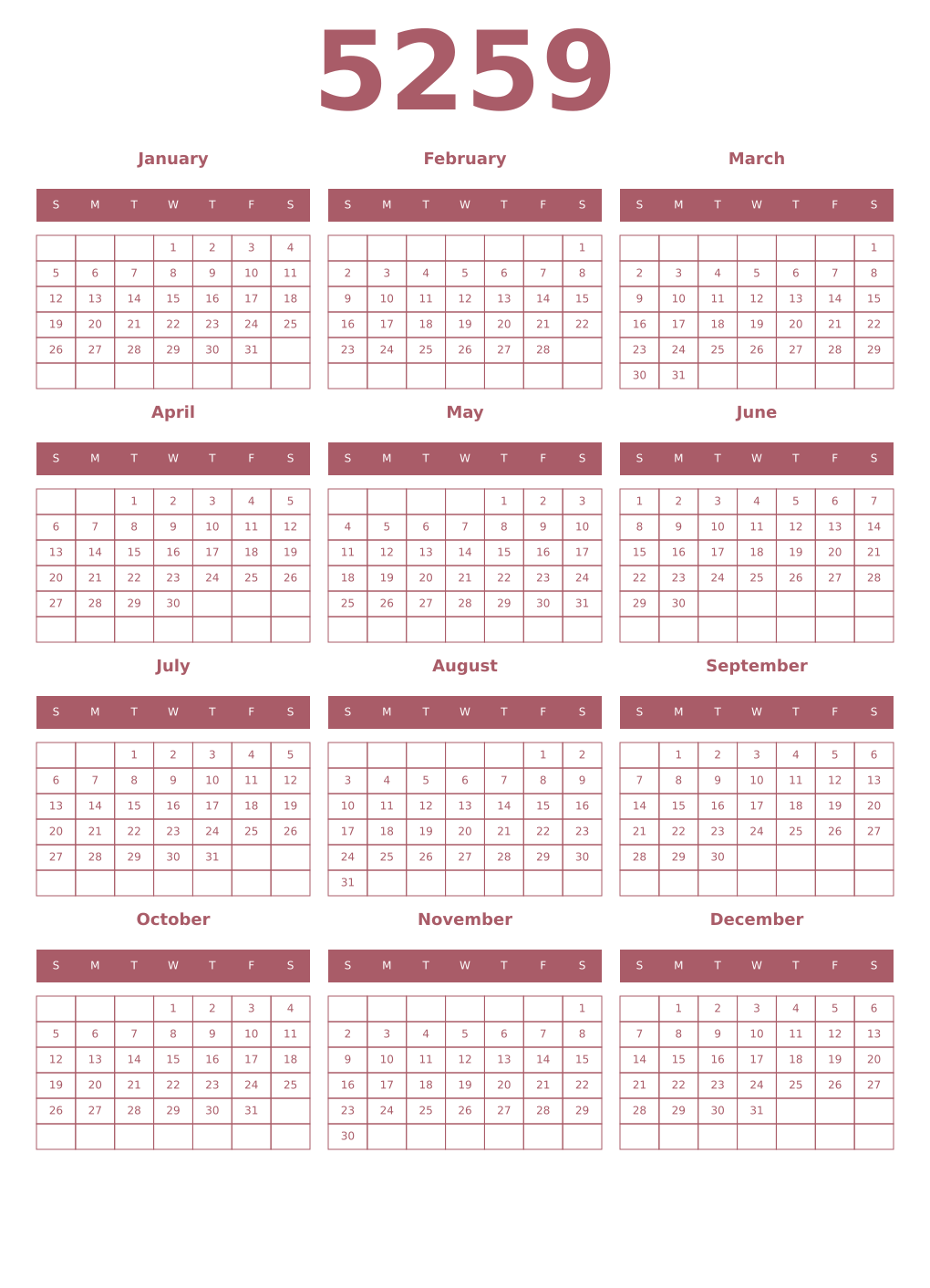 Printable 5259 Year Calendars puce