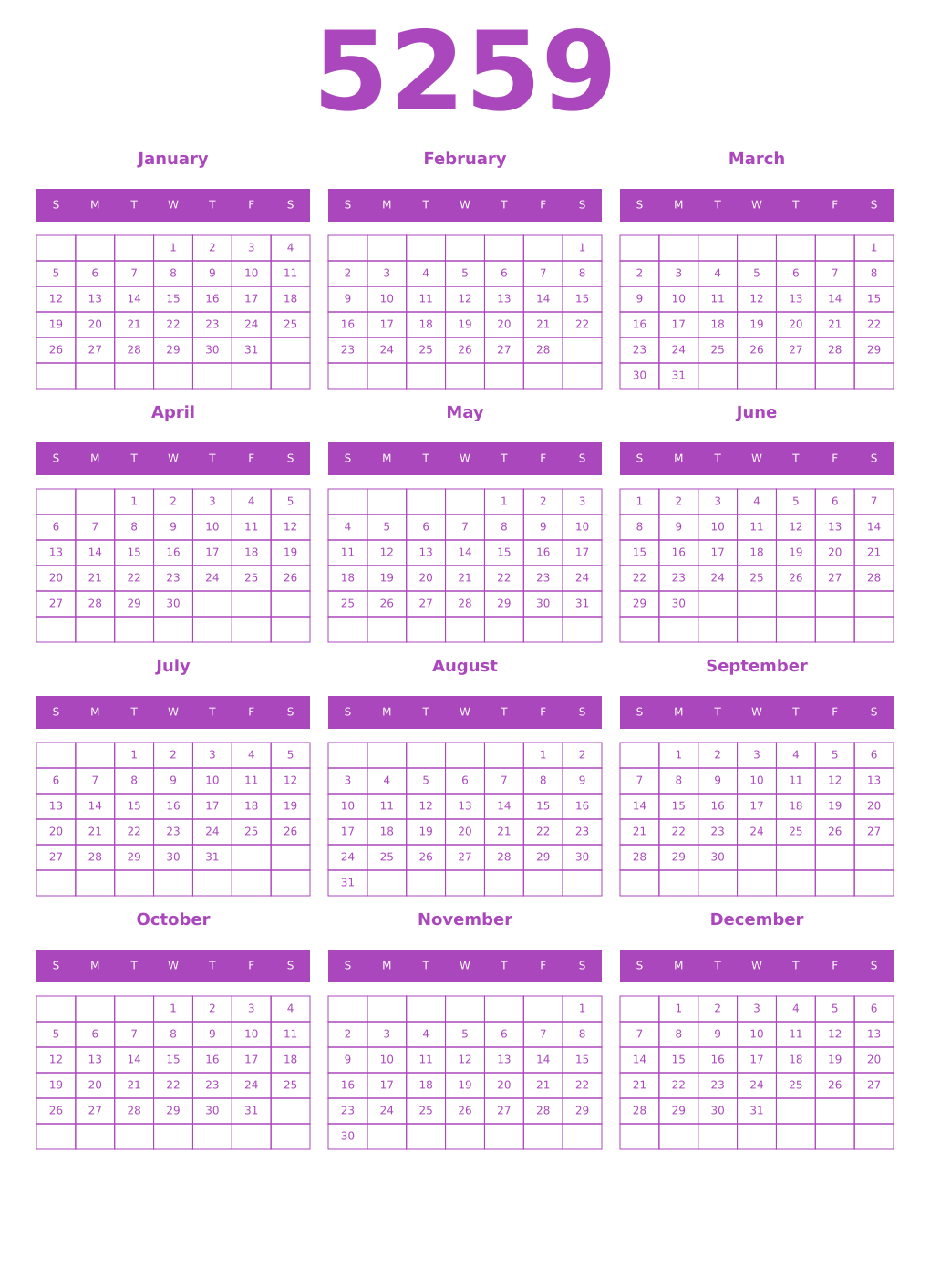 Printable 5259 Year Calendars purple