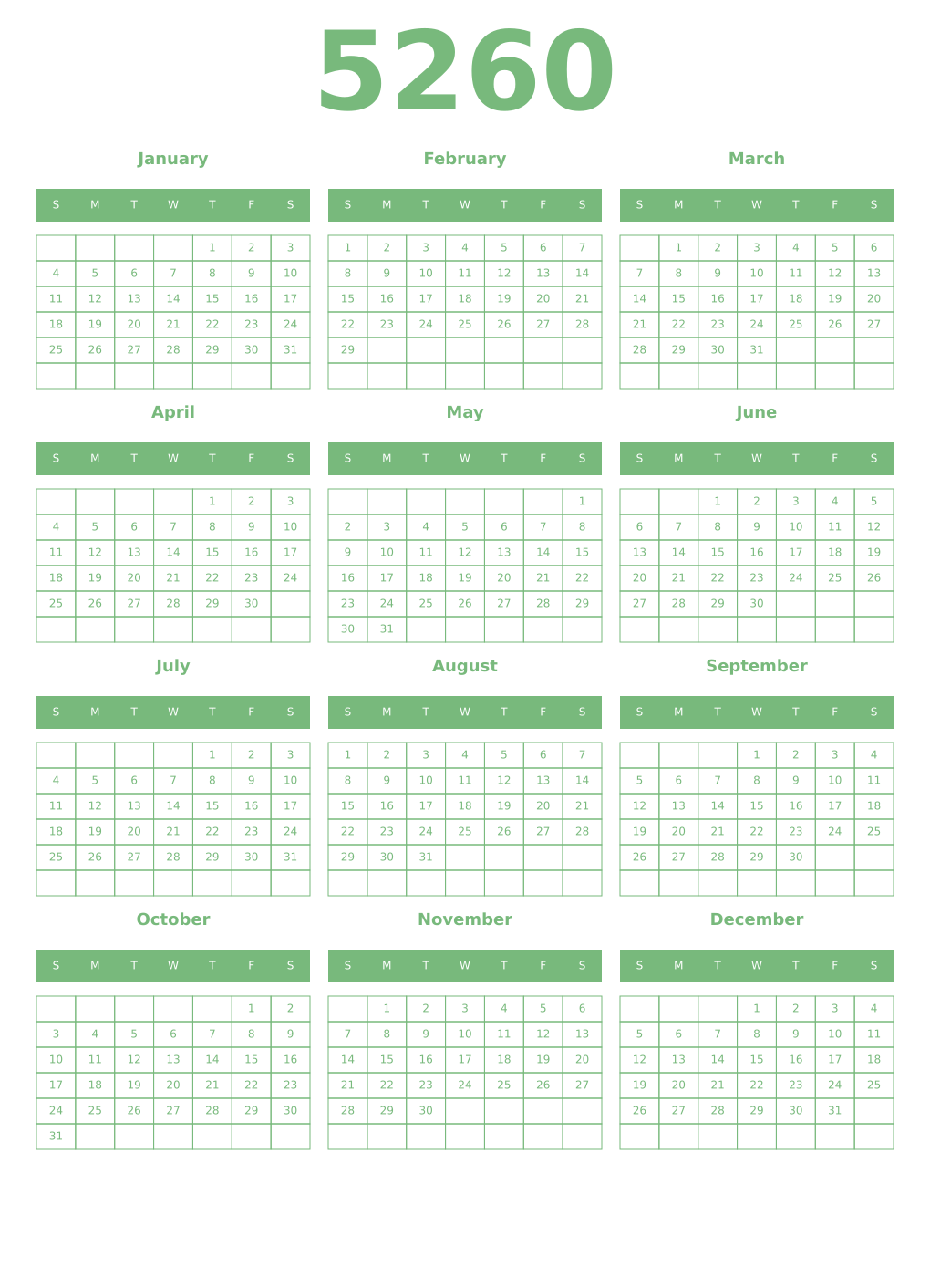 Printable 5260 Year Calendars celadon