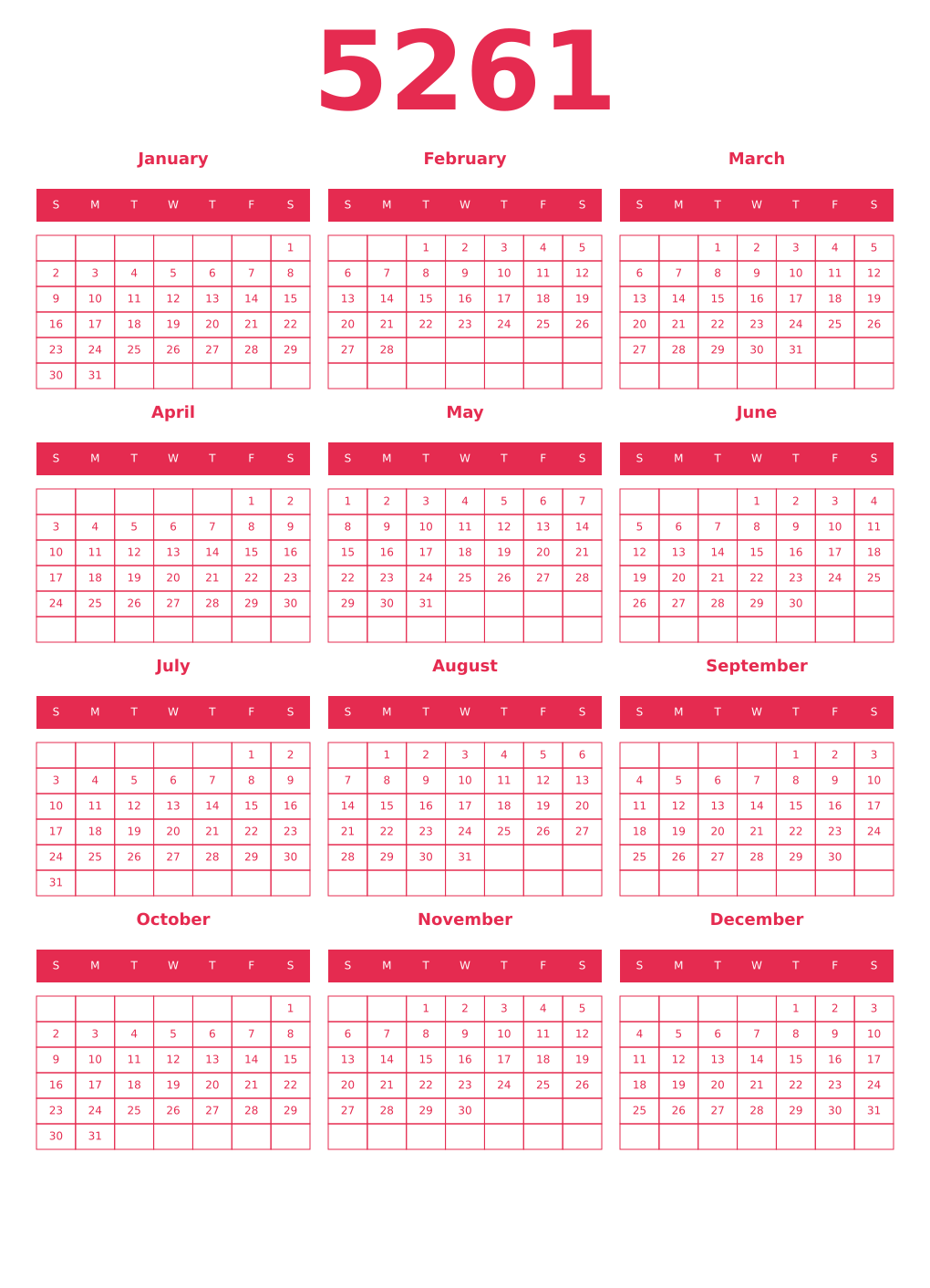 Printable 5261 Year Calendars amaranth