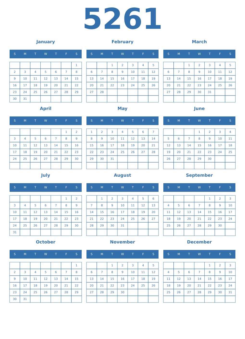 Printable 5261 Year Calendars blue