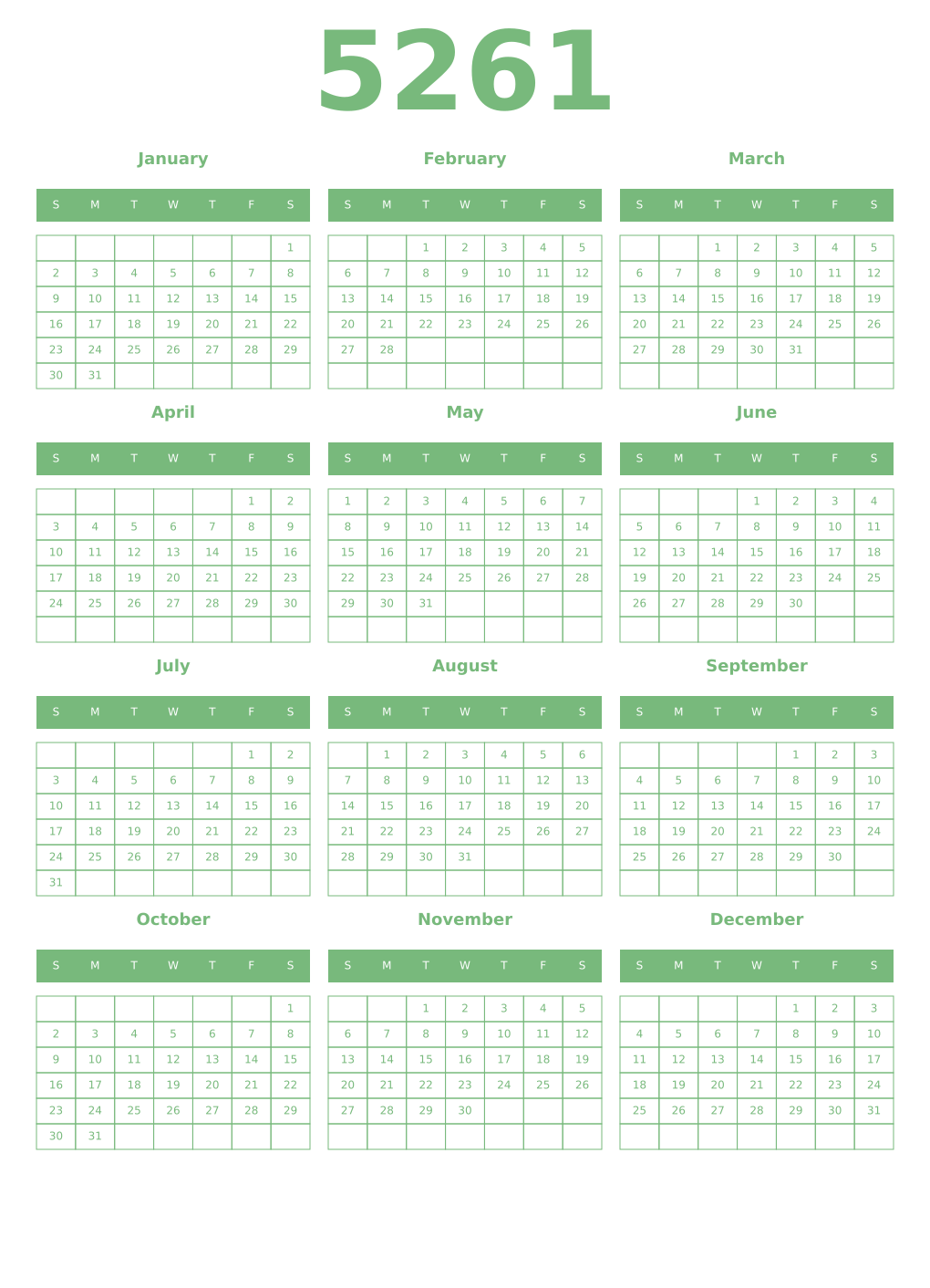 Printable 5261 Year Calendars celadon