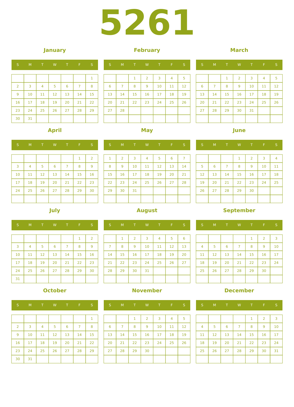 Printable 5261 Year Calendars chartreuse