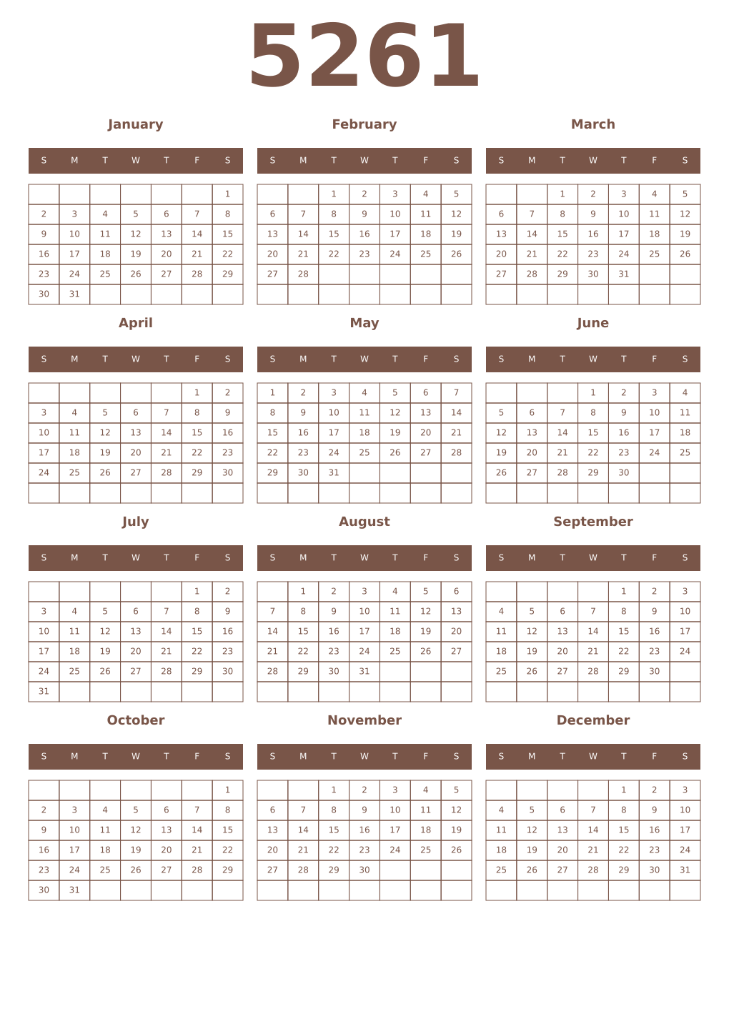 Printable 5261 Year Calendars coffe