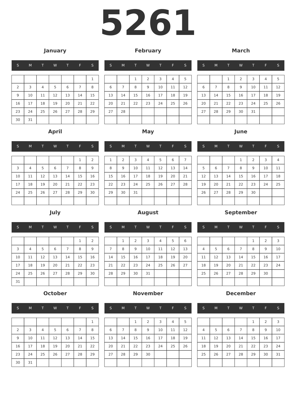 Printable 5261 Year Calendars dark