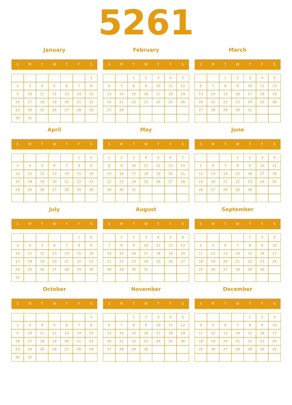 Printable 5261 Year Calendars gamboge