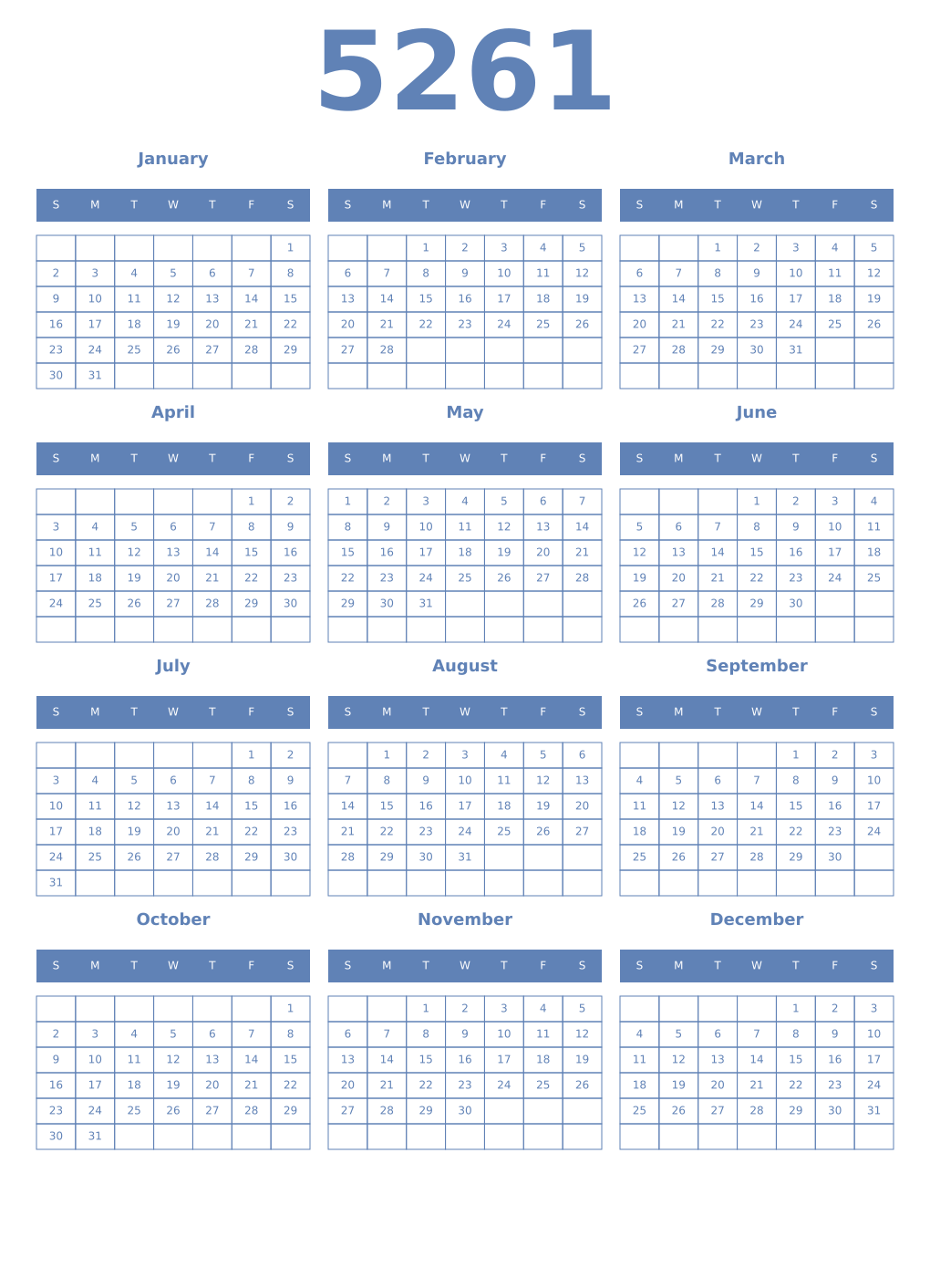 Printable 5261 Year Calendars glaucous