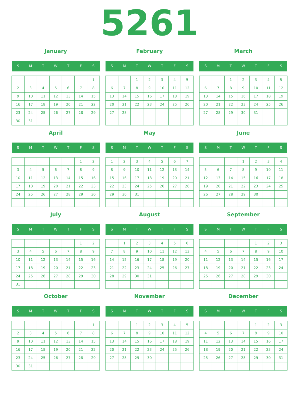 Printable 5261 Year Calendars green