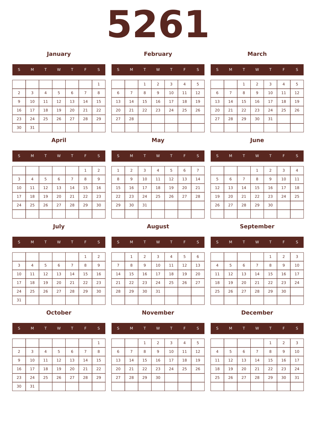 Printable 5261 Year Calendars mortuum